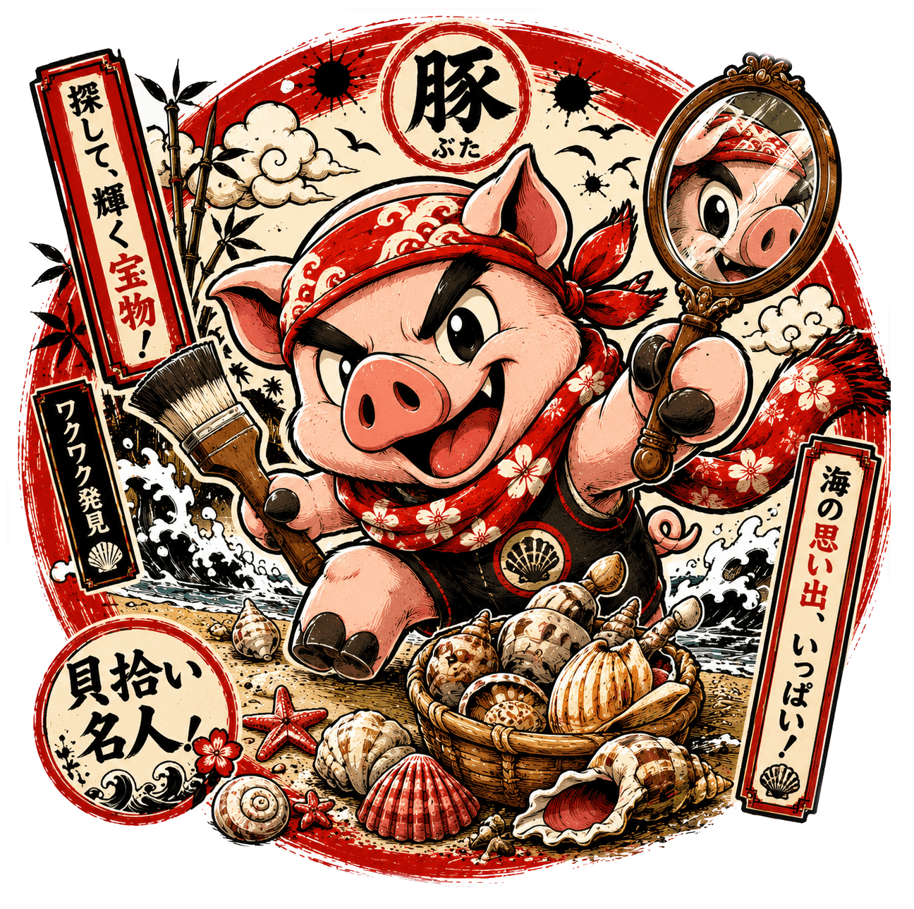 Treasure Pig — Yabaizoo design (豚 / 貝拾い名人)